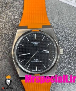 ساعت مچی تیسوت مردانه پی ار ایکس کوارتز بند رابر نارنجی صفحه مشکی 020781 TISSOT PRX