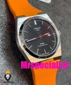 ساعت مچی تیسوت مردانه پی ار ایکس کوارتز بند رابر نارنجی صفحه مشکی 020781 TISSOT PRX