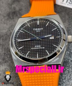 ساعت مچی تیسوت مردانه پی ار ایکس کوارتز بند رابر نارنجی صفحه مشکی 020781 TISSOT PRX