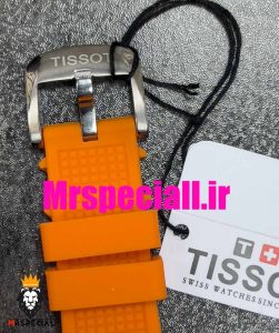 ساعت مچی تیسوت مردانه پی ار ایکس کوارتز بند رابر نارنجی صفحه مشکی 020781 TISSOT PRX