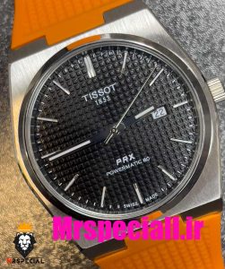 ساعت مچی تیسوت مردانه پی ار ایکس کوارتز بند رابر نارنجی صفحه مشکی 020781 TISSOT PRX