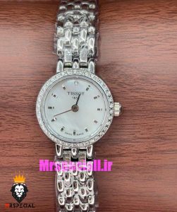 ساعت تیسوت زنانه کوارتز استیل نقره ای صفحه سفید قاب نگین 021001 TISSOT Lovely