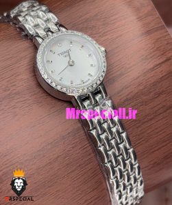 ساعت تیسوت زنانه کوارتز استیل نقره ای صفحه سفید قاب نگین 021001 TISSOT Lovely