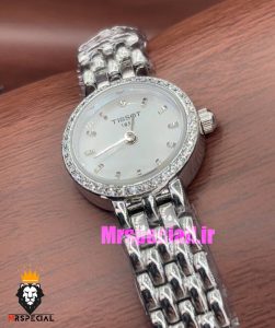 ساعت تیسوت زنانه کوارتز استیل نقره ای صفحه سفید قاب نگین 021001 TISSOT Lovely