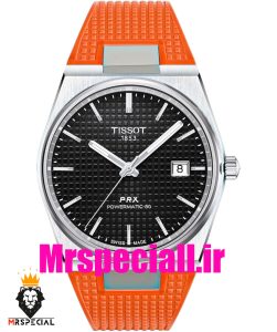 ساعت مچی تیسوت مردانه پی ار ایکس کوارتز بند رابر نارنجی صفحه مشکی 020781 TISSOT PRX