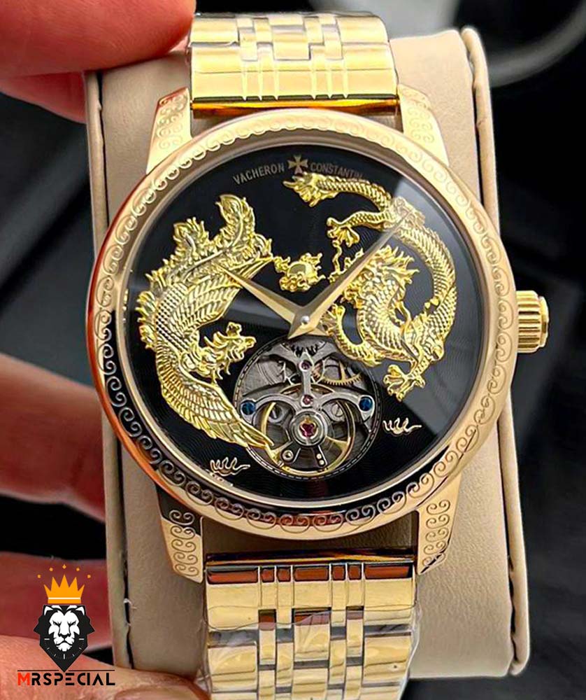 ساعت واشرون کنستانتین مدل دراگون مردانه اتوماتیک طلایی حکاکی Vacheron Constantin dragon 01578