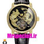 ساعت واشرون کنستانتین مدل دراگون مردانه اتوماتیک حکاکی طلایی بند چرم صفحه مشکی طلایی Vacheron Constantin dragon 01614