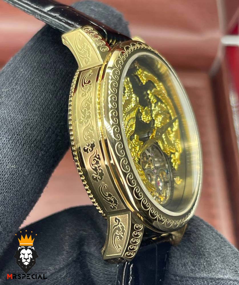 ساعت واشرون کنستانتین دراگون مردانه اتوماتیک حکاکی طلایی بند چرم صفحه مشکی طلایی Vacheron Constantin dragon 01614
