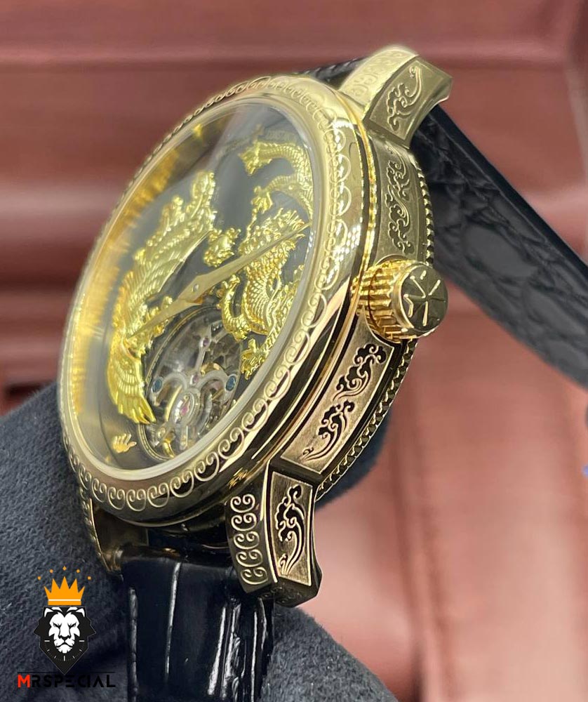 ساعت واشرون کنستانتین دراگون مردانه اتوماتیک حکاکی طلایی بند چرم صفحه مشکی طلایی Vacheron Constantin dragon 01614