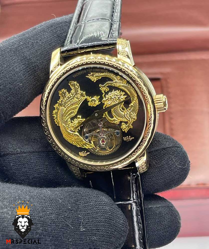 ساعت واشرون کنستانتین دراگون مردانه اتوماتیک حکاکی طلایی بند چرم صفحه مشکی طلایی Vacheron Constantin dragon 01614
