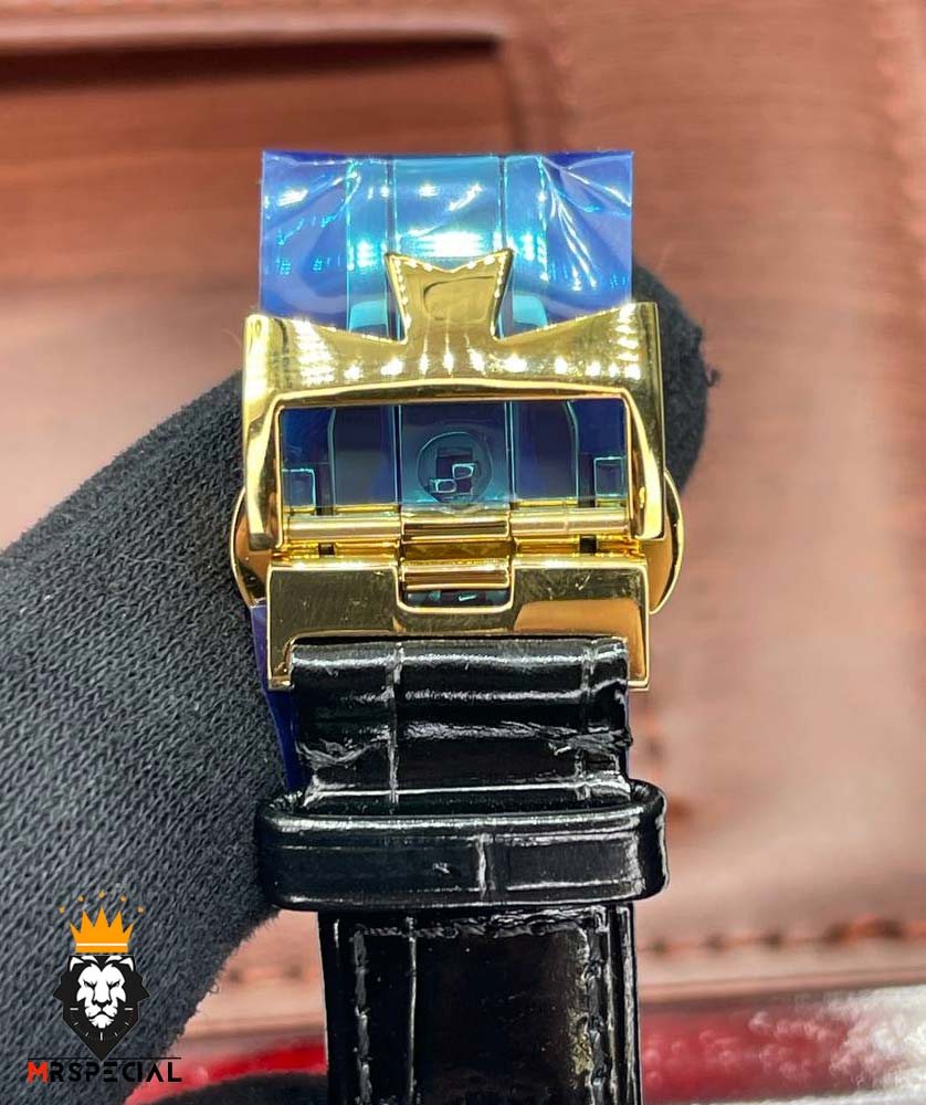 ساعت واشرون کنستانتین دراگون مردانه اتوماتیک حکاکی طلایی بند چرم صفحه مشکی طلایی Vacheron Constantin dragon 01614