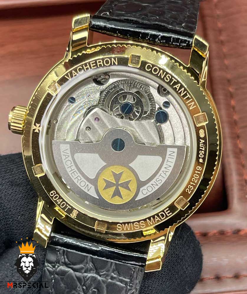 ساعت واشرون کنستانتین دراگون مردانه اتوماتیک حکاکی طلایی بند چرم صفحه مشکی طلایی Vacheron Constantin dragon 01614