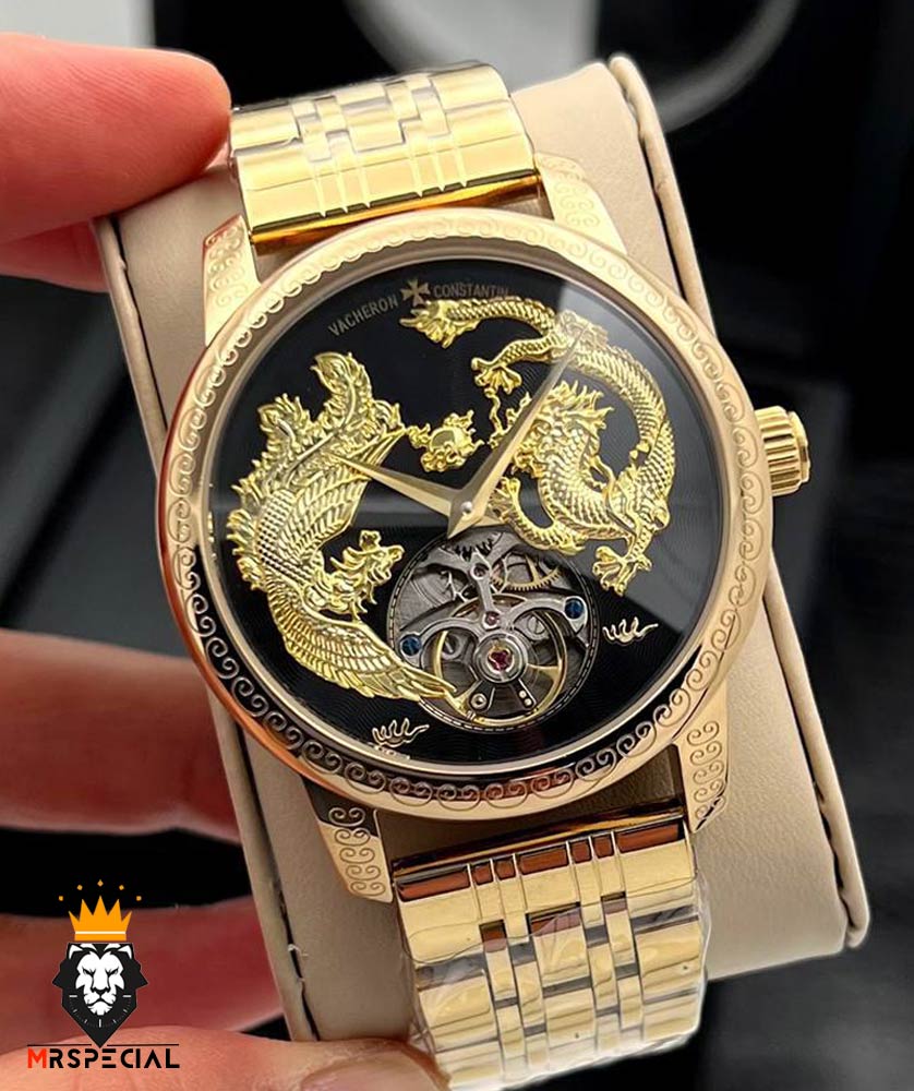 ساعت واشرون کنستانتین مدل دراگون مردانه اتوماتیک طلایی حکاکی Vacheron Constantin dragon 01578