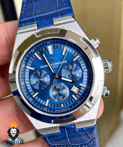 ساعت واشرون کنستانتین مردانه اتوماتیک بند چرم صفحه ابی vacheron constantin overseas 01047