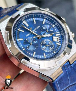ساعت واشرون کنستانتین مردانه اتوماتیک بند چرم صفحه ابی vacheron constantin overseas 01047