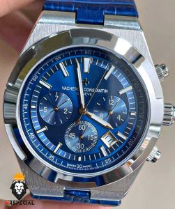 ساعت واشرون کنستانتین مردانه اتوماتیک بند چرم صفحه ابی vacheron constantin overseas 01047
