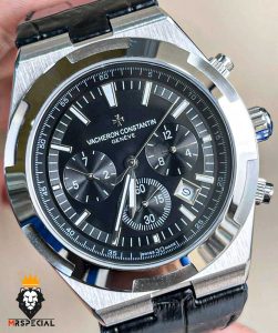 ساعت واشرون کنستانتین مردانه اتوماتیک بند چرم صفحه مشکی vacheron constantin overseas 01048
