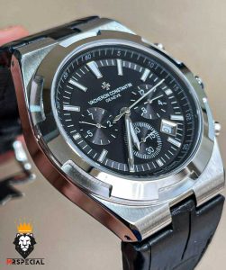 ساعت واشرون کنستانتین مردانه اتوماتیک بند چرم صفحه مشکی vacheron constantin overseas 01048