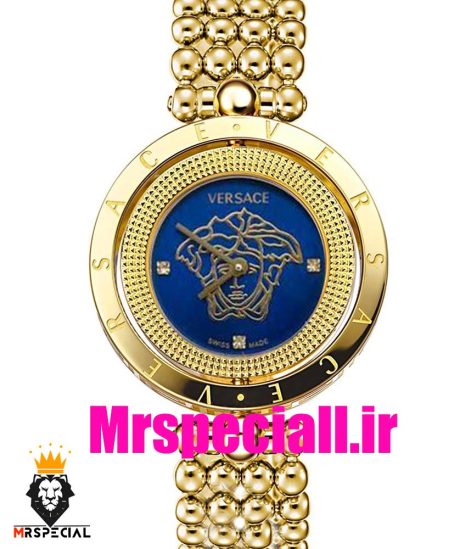 ساعت ورساچه زنانه کوارتز طلایی صفحه ابی قاب متحرک 02032 VERSACE
